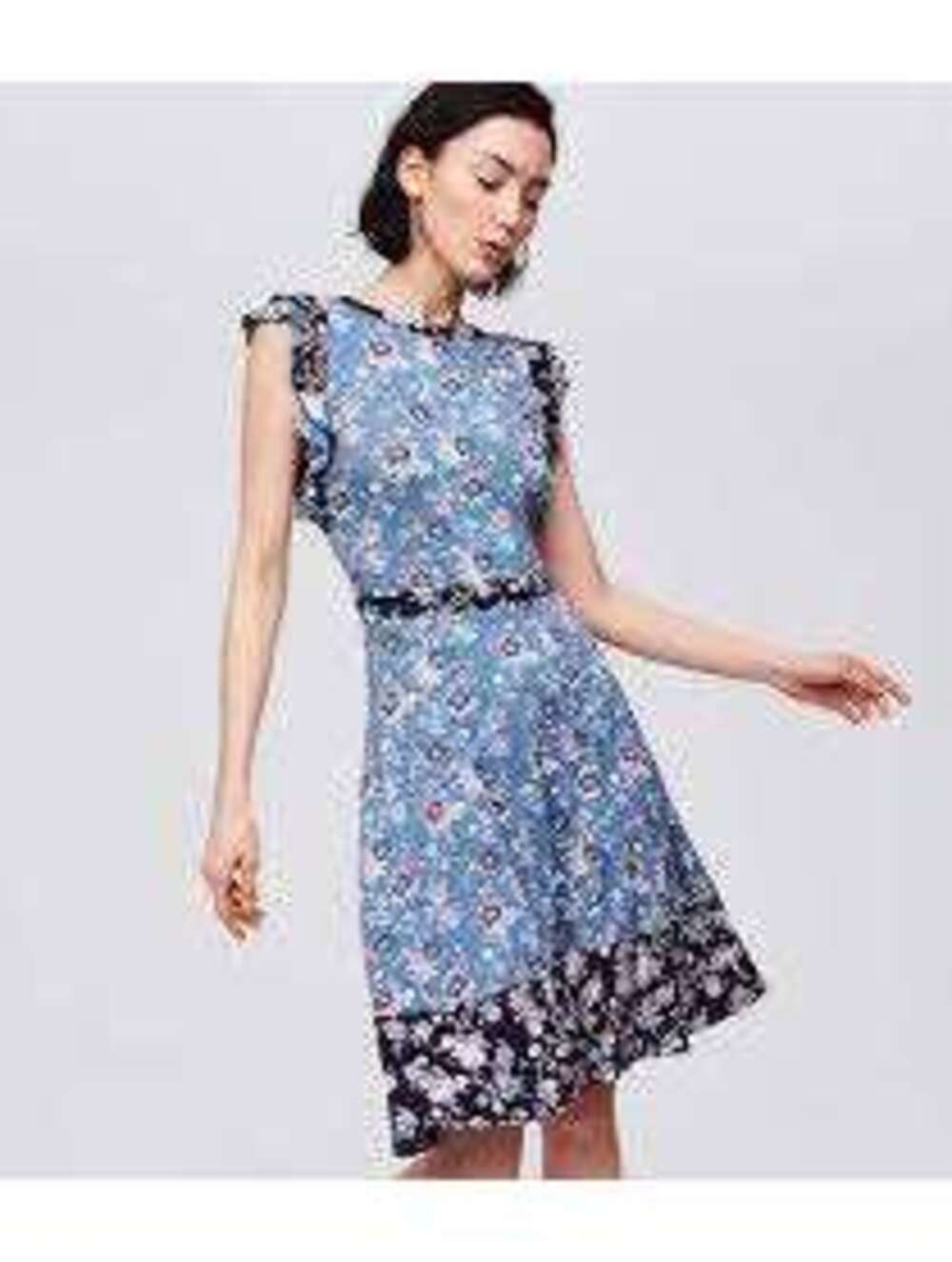 Loft NWT Women's Mixed Print Blue Floral Flutter Sleeve Dress Size 6